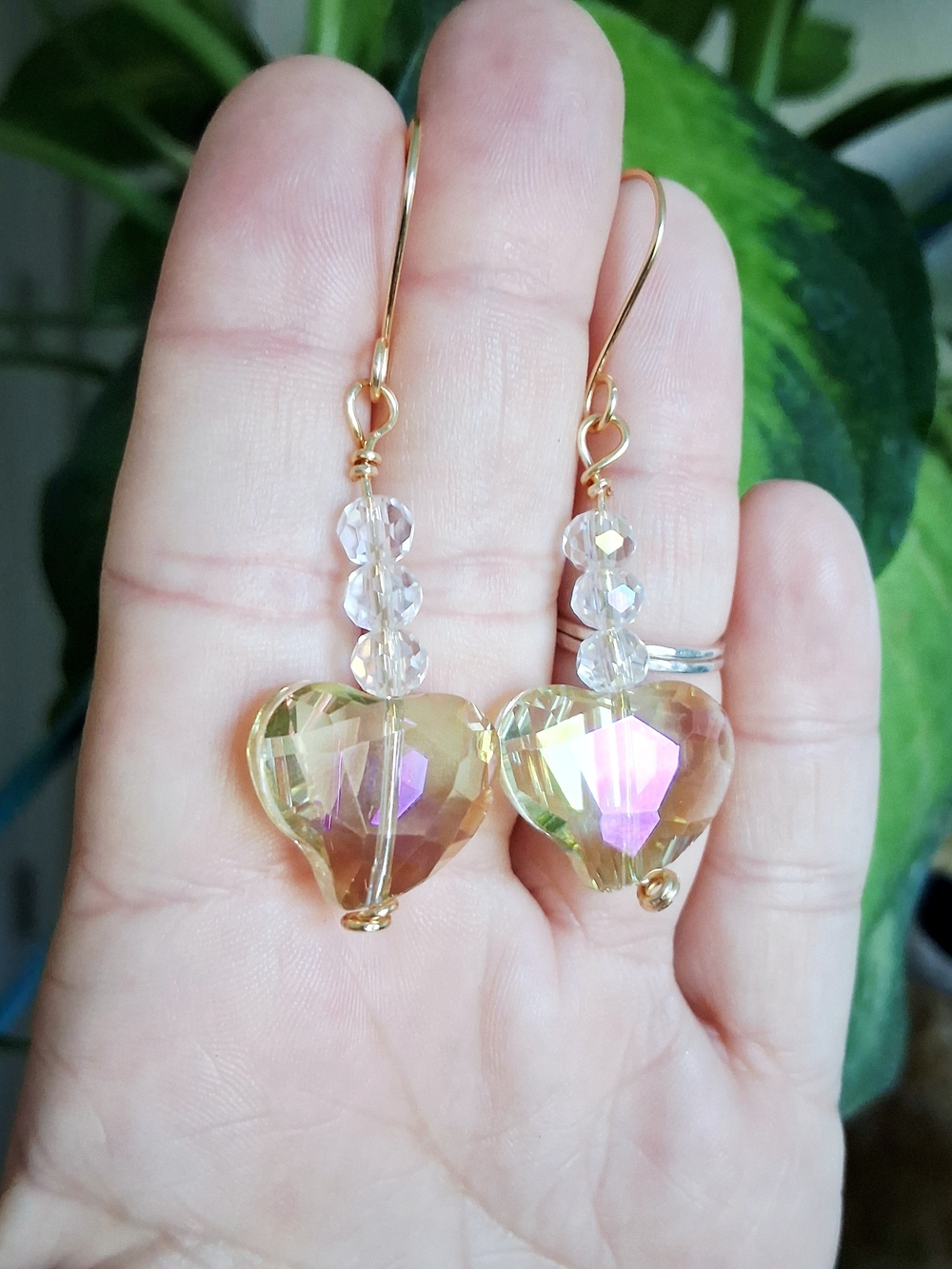 Gold Iridescent Heart Crystal Drop Earrings - Women Jewelry